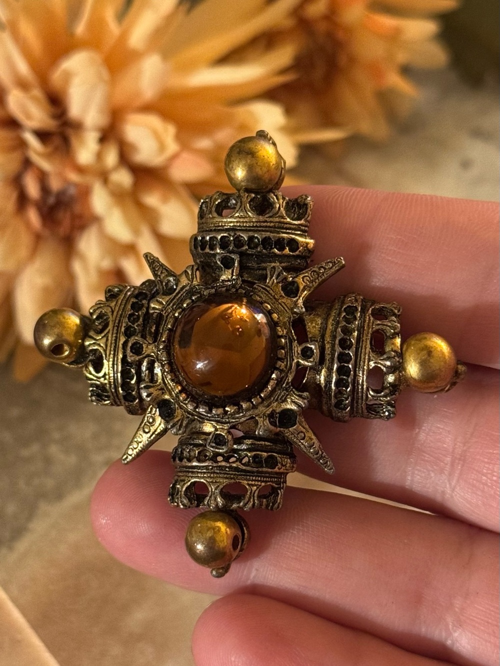 Vintage Amber Cabochon Maltese Cross Brooch With Crown Ends